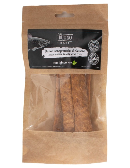 M-PIU156 Farm Company Recompense Caini - Piu Buono Salmon Meat Strips Monoprotein 70g