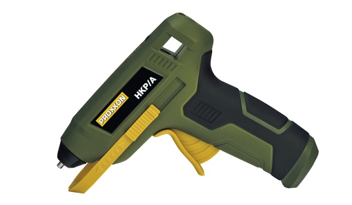 Proxxon 28190, GlueGun HKP/A ragasztópisztoly GlueGun HKP/A akkumulátorral, 135 - 170°C, 4 pálcikát és töltőt tartalmaz, 7 mm-es pálcikákkal működik.