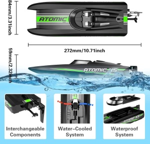 Barca cu telecomanda VolantexRc ATOMIC XS complet echipata, viteza 30km/h, 272mm, negru cu verde - Img 6