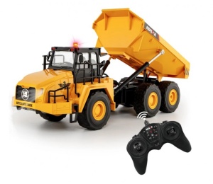 Huina csuklós dömper játék, távirányítóval, hangokkal és fényekkel, 11 csatornás, 1:14 méretarány, 2,4 GHz-es frekvencia