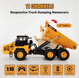 Huina csuklós dömper játék, távirányítóval, hangokkal és fényekkel, 11 csatornás, 1:14 méretarány, 2,4 GHz-es frekvencia - Img 3