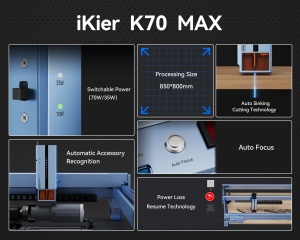 ATOMSTACK iKier K70 Max quad ATOMSTACK iKier K70 Max CNC lézergravírozó és vágógép, 360W teljesítmény (70W lézer), 850x800mm, 28mm-es vágás egy menetben, fa, műanyag, bőr, PCB lapok, textil, üveg és bizonyos fémek gravírozása. - Img 3