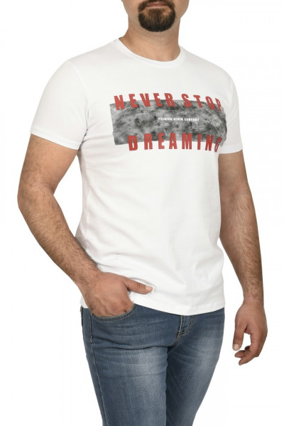 Tricou slim fit cu imprimeu NEVER STOP DREAMING, alb