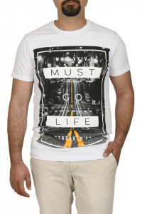 Tricou barbat cu imprimeu MUST GO LIFE, alb