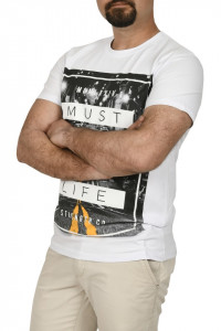 Tricou barbat cu imprimeu MUST GO LIFE, alb - Img 3