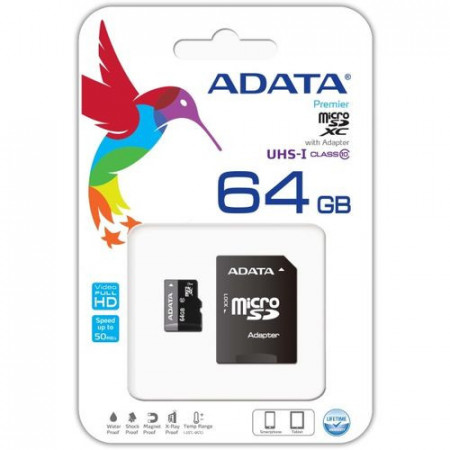 MICRO SD 64GB AData + SD adapter AUSDX64GUICL10-RA1