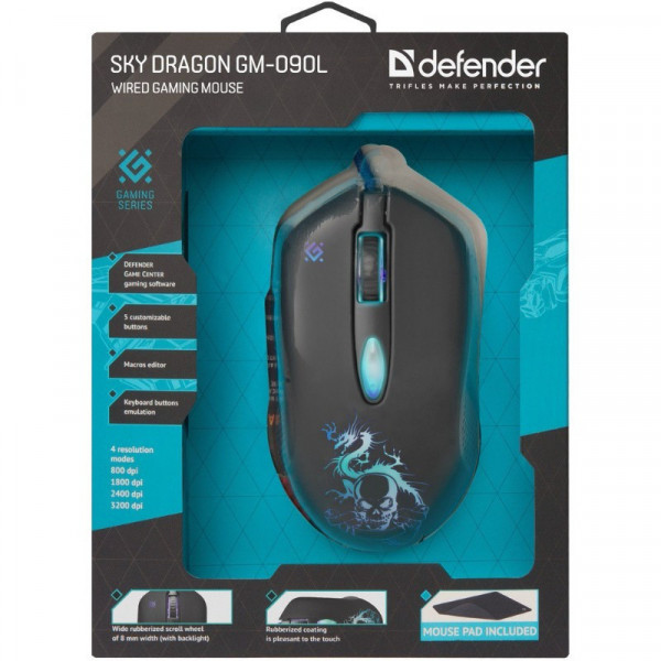 Miš USB Defender Sky Dragon GM-090L Optički 3200dpi Gaming + Podloga, Crna
