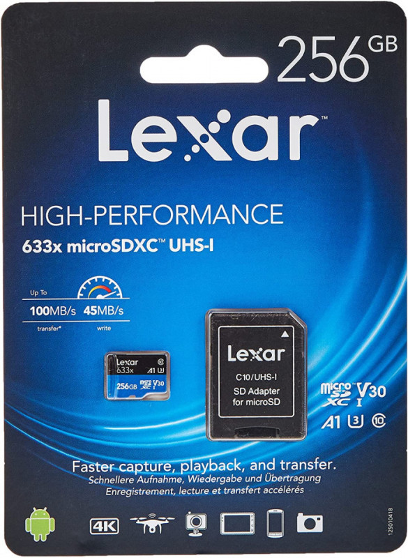 LEXAR 256GB LSDMI256BB633A High-Performance 633x microSDXC UHS-I, up to 100MB/s read 45MB/s write C10 A1 V30 U3
