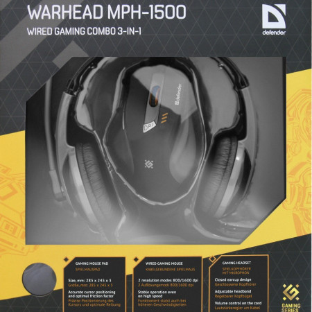 Gaming combo Defender Warhead MPH-1500 black, mouse+headset+pad
