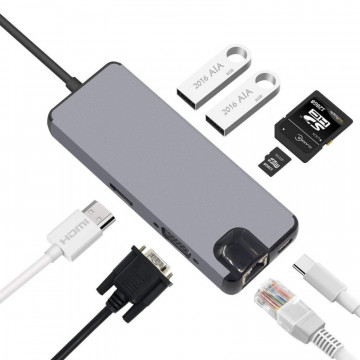 Adapter Type C na RJ45 (LAN) HDMI VGA 2xUSB 3.0 PD SD microSD 8u1 JWD-TC32 - Img 1