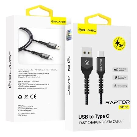 Blavec Cablu impletit USB to Type C - 3A, 1 metru, negru, KABAV1719 - Img 4