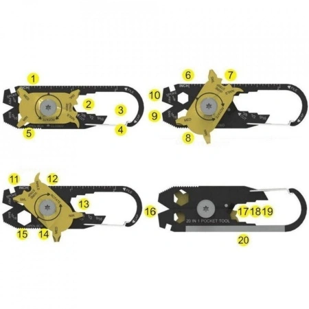 Breloc carabiner cuțit survival multitool 20in1, PM112623 - Img 3