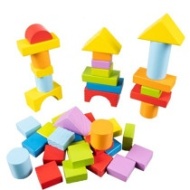 Joc cuburi lemn oras colorat, 100 piese de construit, cu galeata de sortare si saculet de depozitare, PM00022666