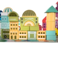 Joc cuburi lemn oras colorat, 100 piese de construit, vehicule, suport tip puzzle, PM00019159