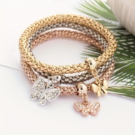 Set Cadou – 3 Brățări Elegante din Aliaj cu Pandantiv Fluture, Auriu, Argintiu și Roz, PMMF257375