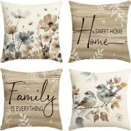 Set 4 Huse Decorative pentru Perne – Design Rustic cu Mesaje de Familie și Elemente de Toamnă, 45x45 cm, PMWG352109