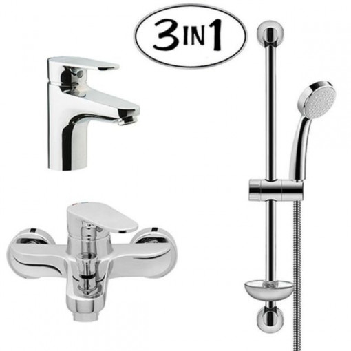 HERZ INFINITY – SET (baterije za tuš kadu i lavabo, podsklop sifona, klizna šipka sa ručicom tuša i crevom)