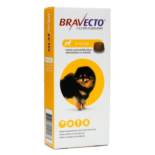 Bravecto caini 112.5mg - Comprimat antiparazitar extern si intern pentru caini (2-4.5 kg), 1 Tableta masticabila