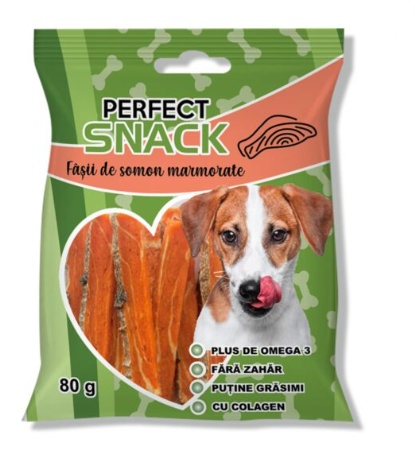 Perfect Snack Fasii Marmorate cu Somon pentru Caini – Recompense aromate si suculente, 80 g