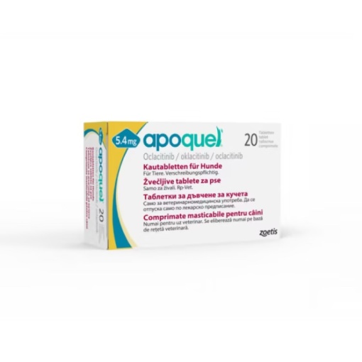 Apoquel Chew 5.4 mg – Comprimate masticabile pentru reducerea pruritului si inflamatiei cutanate la caini, 20 comprimate