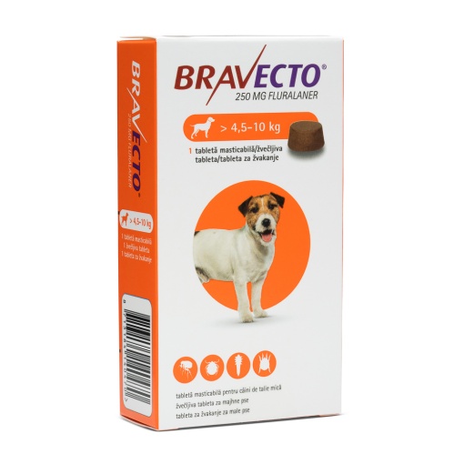 Bravecto caini 250 mg - Comprimat antiparazitar extern si intern pentru caini (4.5-10 kg), 1 Tableta masticabila
