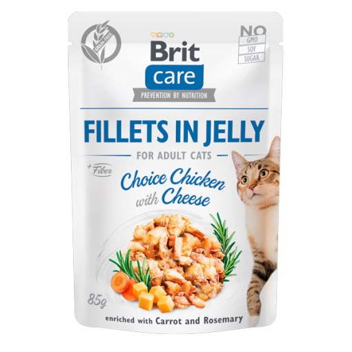 Brit Care Cat Fillets in Jelly Choice Chicken with Cheese - Hrana umeda cu fileuri de pui si branza in jeleu pentru pisici adulte, 85g