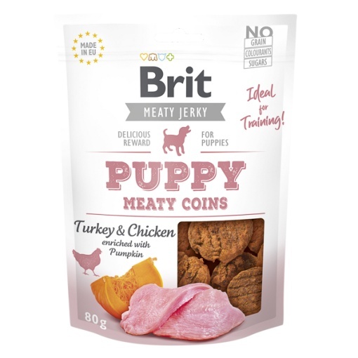 Brit Jerky Puppy Turkey Meaty Coins - Recompense tip monede cu curcan pentru pui de caine, 80g