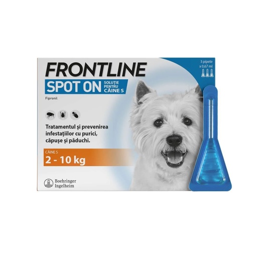Frontline spot-on - Tratament antiparazitar extern caini de talie mica (2-10kg), 3 Pipete