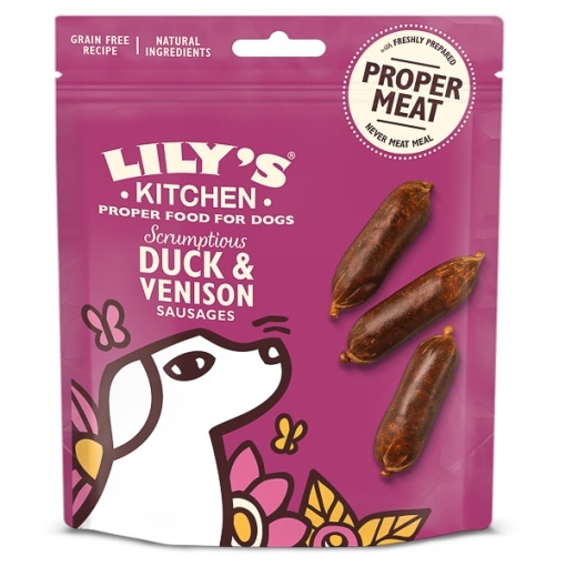 Lily's Kitchen Scrumptious Duck with Venison Sausages – Recompense cu rata si vanat pentru caini, 70 g