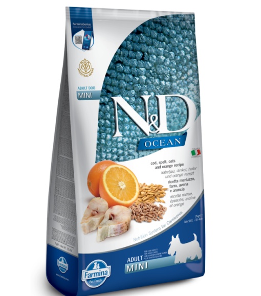 N&D Ocean Cod, Alac, Ovaz & Portocala – Hrana uscata cu cod pentru caini adulti de talie mica, 7kg