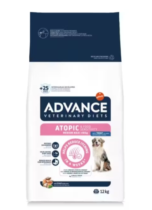 Advance Veterinary Diets Dog Atopic & Food Sensitivity Medium Maxi – Hrana dietetica cu pastrav pentru dermatita atopica sau alergii alimentare 12 kg