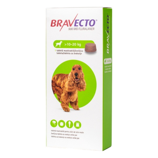 Bravecto caini 500 mg - Comprimat antiparazitar extern si intern pentru caini (10-20 kg), 1 Tableta masticabila