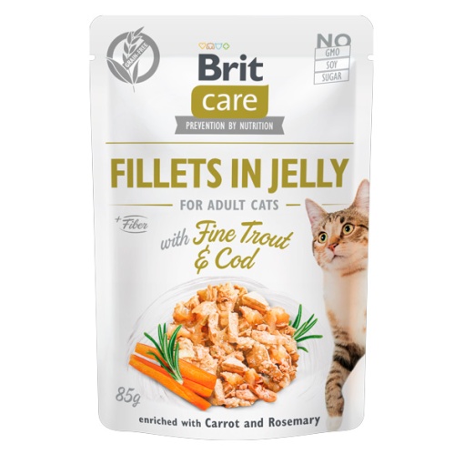 Brit Care Cat Fillets in Jelly with Fine Trout & Cod - Hrana umeda cu fileuri de cod si pastrav in jeleu pentru pisici adulte, 85g