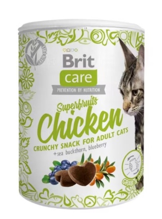 Brit Care Cat Snack Superfruits Chicken – Recompense tip biscuiti cu pui și afine pentru pisici adulte, 100 g