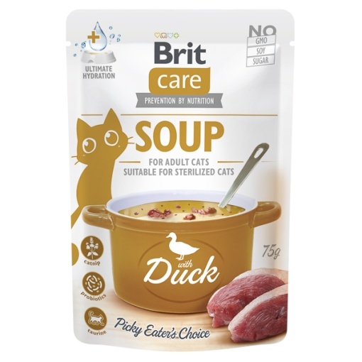 Brit Care Cat Soup with Duck - Hrana umeda tip supa crema cu pui si rata pentru pisici adulte, 75g