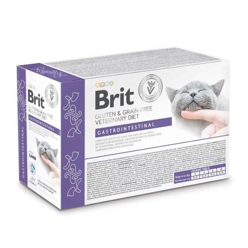 Brit GF Veterinary Diet Cat Gastrointestinal Pouch Fillets in Gravy – Hrana umeda dietetica cu fileuri de pui si miel pentru pisici cu digestie sensibila, 12 x 85 g