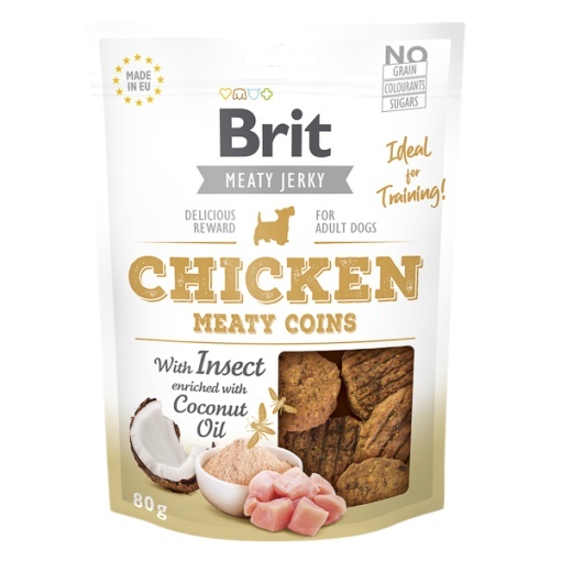 Brit Jerky Chicken with Insect Meaty Coins - Recompense tip monede cu pui si proteina de insecte pentru caini adulti