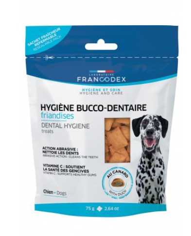 Francodex Recompense Dentare pentru Caini – Cu rata si menta pentru o respiratie proaspata, 75 g