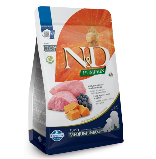 N&D Pumpkin Miel, Dovleac & Afine Puppy Medium & Maxi – Hrana uscata cu miel pentru catei de talie mare si femele gestante sau lactante