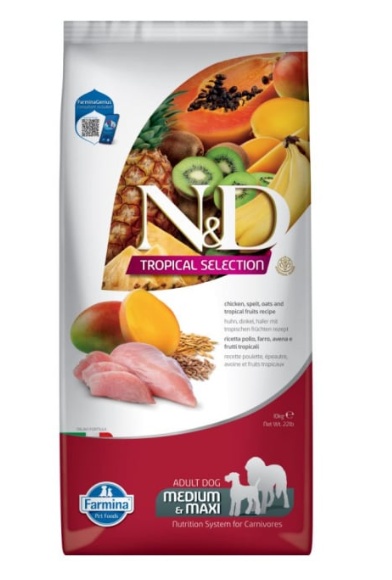 N&D Tropical Selection Pui si fructe tropicale Adult Medium & Maxi - hrana uscata cu pui si fructe tropicale pentru caini adulti de talie medie si mare, 10kg
