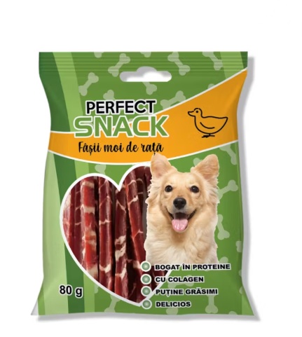 Perfect Snack Fasii Moi cu Rata pentru Caini – Gustare bogata in proteine, 80 g
