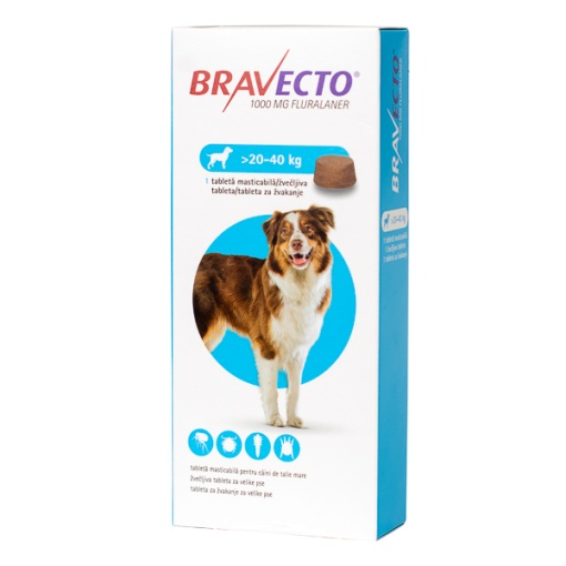 Bravecto caini 1000 mg - Comprimat antiparazitar extern si intern pentru caini (20-40 kg) 1 Tableta masticabila