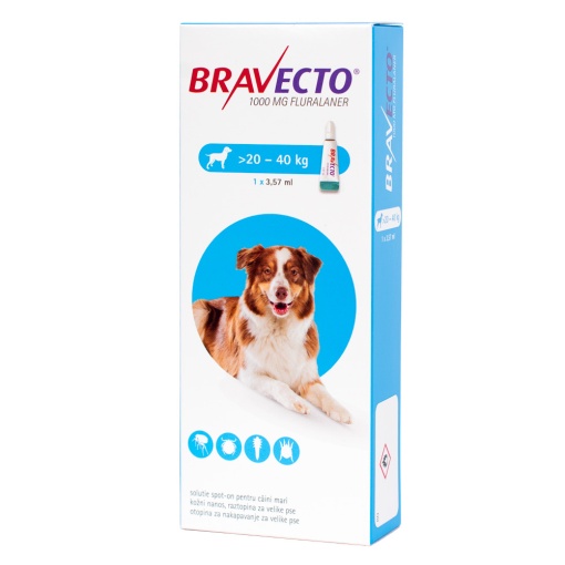 Bravecto spot-on 1000 mg - Antiparazitar extern pentru caini (20-40 kg), 1 doza