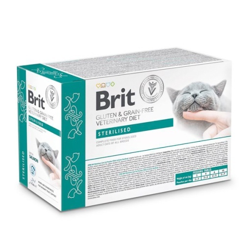 Brit GF Veterinary Diet Cat Sterilised Pouch Fillets in Gravy – Hrana umeda dietetica cu fileuri de pui si somon pentru pisici sterilizate, 12 x 85 g
