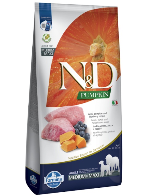 N&D Pumpkin Miel, Dovleac & Afine Adult Medium & Maxi – Hrana uscata cu miel pentru caini adulti de talie mare, 12kg