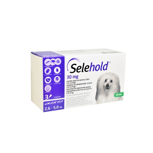 Selehold spot-on 30mg- Pipete antiparazitare complete pentru caini de talie foarte mica (2.6–5 kg), 3 doze