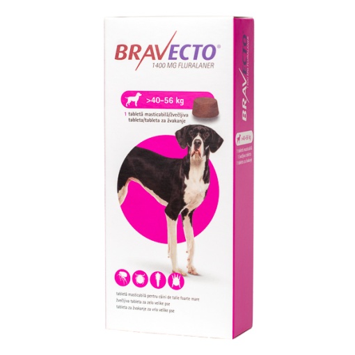 Bravecto caini 1400 mg - Comprimat antiparazitar extern si intern pentru caini (40-56 kg), 1 Tableta masticabila