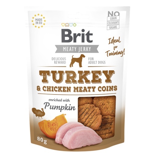 Brit Jerky Turkey Meaty Coins - Recompense tip monede cu pui si curcan pentru caini adulti