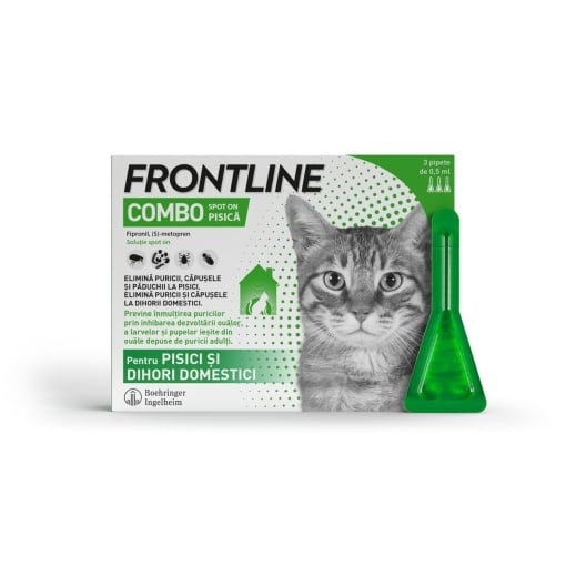 Frontline Combo spot-on - Tratament antiparazitar extern pentru pisici, 3 Pipete