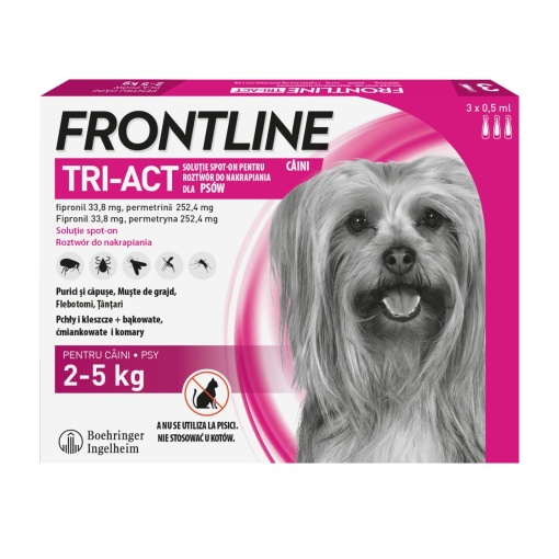 Frontline Tri-Act spot-on - Tratament antiparazitar extern pentru caini de talie foarte mica (2-5 kg), 3 Pipete